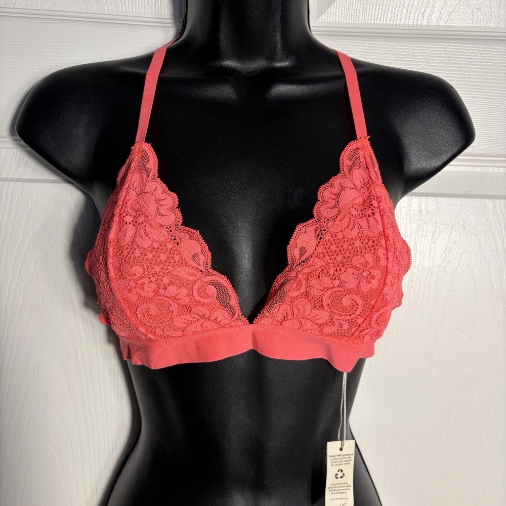 We Are HAH Neon Pink Floral Lace Bralette Women M Lightweight Scalloped Edge NWT